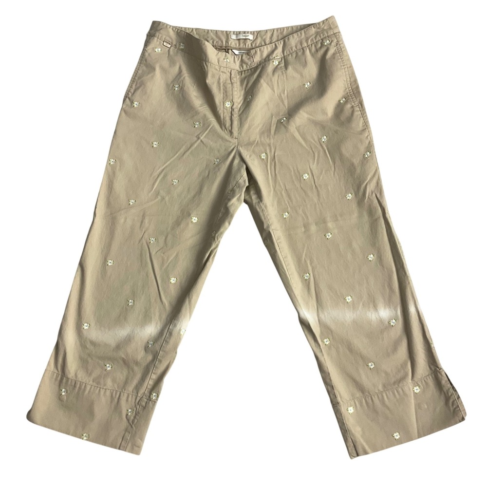 Lizgolf Cropped Pants Womens 14 Tan Floral Embroidered Cotton Corduroy Straight